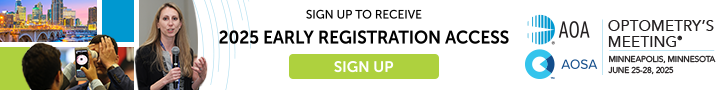 eye on cell phone, speaker with microphone, optometry's meeting logos, AOA logo, AOSA logo, link to sign up for early registration access