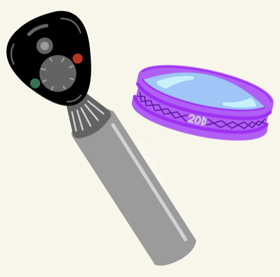 Retinoscope and lens depicted